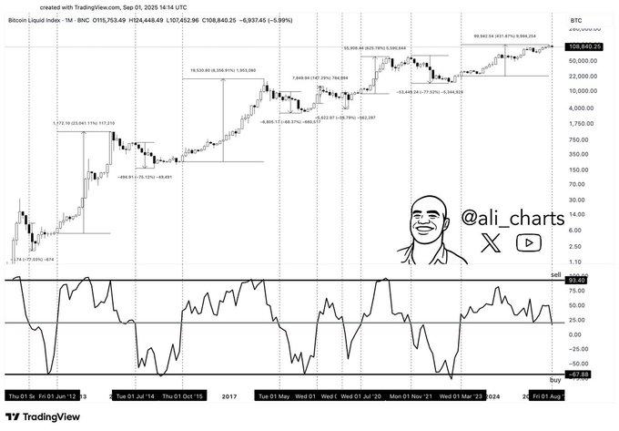 A chart displaying Bitcoin price movements over time, with candlestick patterns 和 trend lines. A smaller chart below shows the Chande Momentum Oscillator (CMO) with values above and below 20. A cartoon drawing of Ali from @ali_charts is visible, smiling with the text