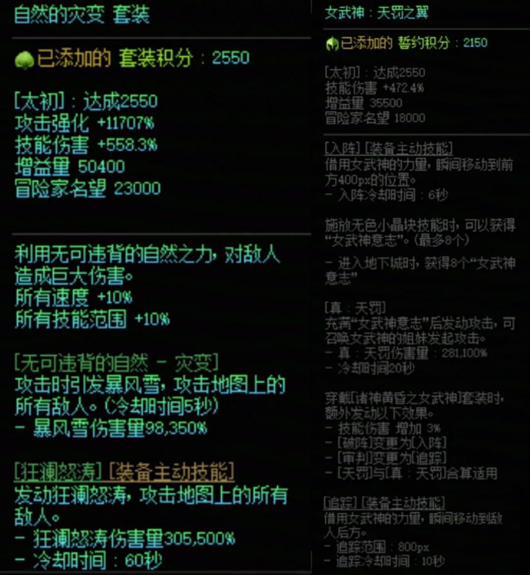 DNF自然套加女武神搭配属性一览